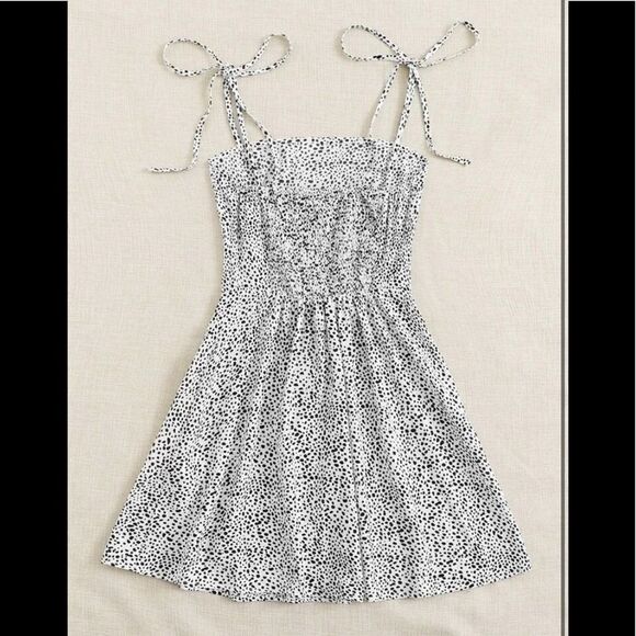 SHEIN Knot Strap Shirred Back Dalmatian Print Slip Dress - Picture 2 of 11